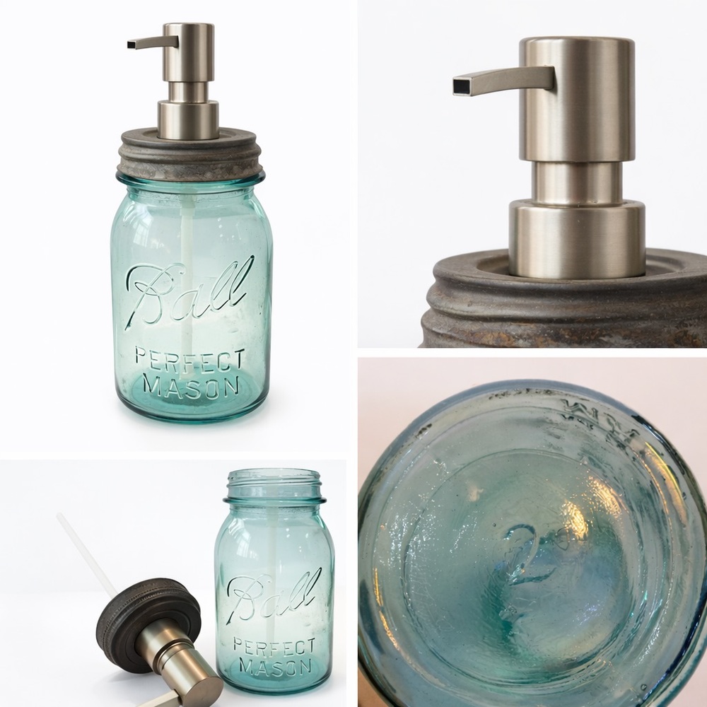 Vintage Blue Ball Perfect Mason Jar Soap Dispenser Stainless Steel Pump - Picture 2 of 3
